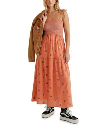 Image of Women Floral Embroidered Maxi Dress Boho Sleeveless Tie Strap Shoulder Dresses Smocked Summer Sundress with Pockets