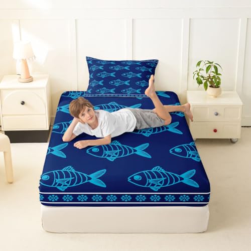 Image of jejeloiu Ocean Fish Bed Sheets Set Twin Size Summer Bed Set Blue Deep Pocket Fitted Sheet Sea Animal Breathable Soft Lightweight Microfiber