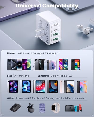 [2-Pack] USB C Charger Block, USB C Wall Charger 40W 4-Port Fast Charging Block PD Power Adapter + QC Wall Plug Multiport Type C Block Cube for iPhone 15 14 13 12 11 Pro Max XR XS 8 7, Samsung — view 6
