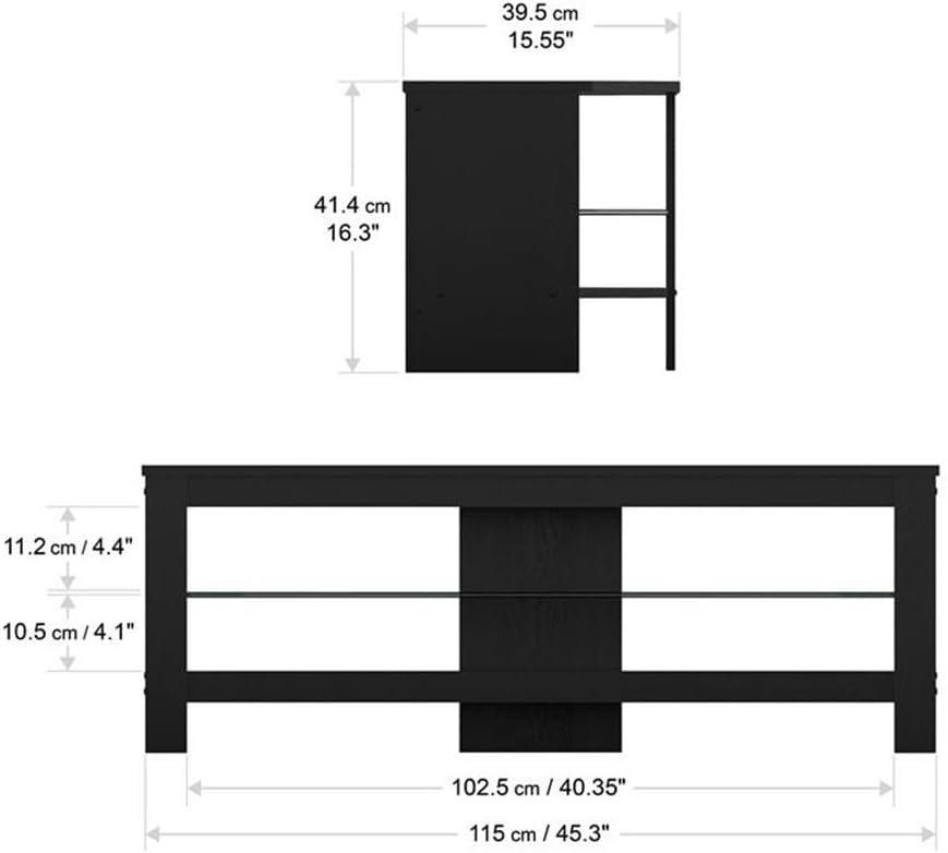 Pemberly Row Wood and Glass TV Stand, Black Oak Finish, Fits TVs 27-55 in, 45.28 in Wide, 15.55 in Deep, Angled for Corner or Flat Wall Placement, Cable Management, Stylish Home Entertainment Unit