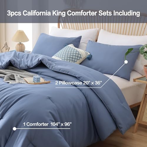 Image of ROSGONIA California King Comforter Set Slate Blue, 3pcs (1 Boho Blue Cal King Comforter & 2 Pillowcases) All Season Lightweight Bedding Blanket Quilt