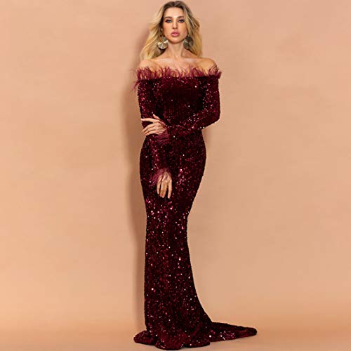 Women Strapless Off Shoulder Long Sleeve Backless Floor Length Feather Sequin Wedding Evening Party Maxi Dress3