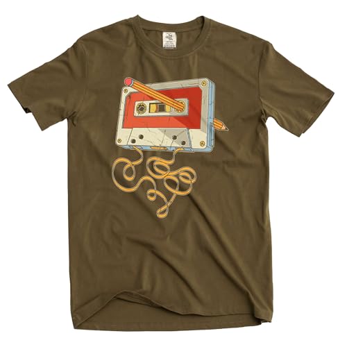 Mens Funny Cassette and Pencil T-Shirt 80s 90s Born millennials tee Shirt (Small Military Green)