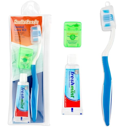 SmileGoods Adult Dental Care Kit Travel Size Bundle w/Toothbrush with Cover Toothpaste and Floss TSA Compliant Oral Care Kit