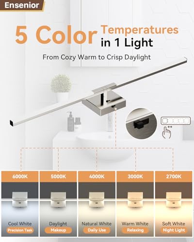 Image of Ensenior Modern Brushed Nickel Bathroom Vanity Light 32 inch, Built-in Dimmer, 1450LM Dimmable 5CCT Led Bath Lights, Bar Vanity Light for Bathroom Mirror Cabinets Bedroom-FCC & ETL Certificated