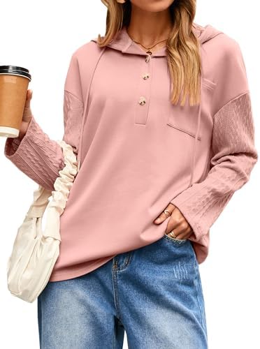 Glamaker Women's Oversized Button Down Cable Knit Hoodies Long Sleeve Patch Work Spliced Pullover Hooded Sweatshirts 2025