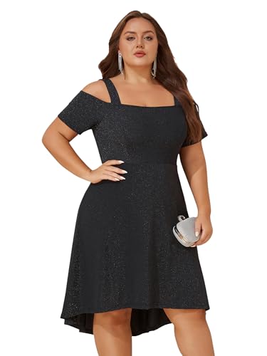 ZNU Women’s Plus Size Cocktail Dresses - 2025 Summer Elegant Glitter Cold Shoulder Evening Party Dress A-Line Midi Dress