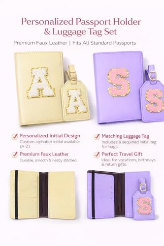 Image of Passport Cover & Bag Tag Combo | Personalized Initial Alphabet Custom A-Z Name Initial | Fits Standard Passports | Travel GiftIdeal Travel Gift for Women, Girls & Couples (Lemon)