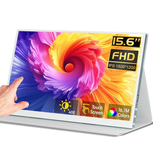Prechen 15.6'' Touchscreen Portable Monitor, FHD IPS Display with Built-in Speaker & Protective Case, 10-Point Touch Screen, HDMI & USB-C Travel Monitors for Laptop, PC, Phone,Metal Gray + White
