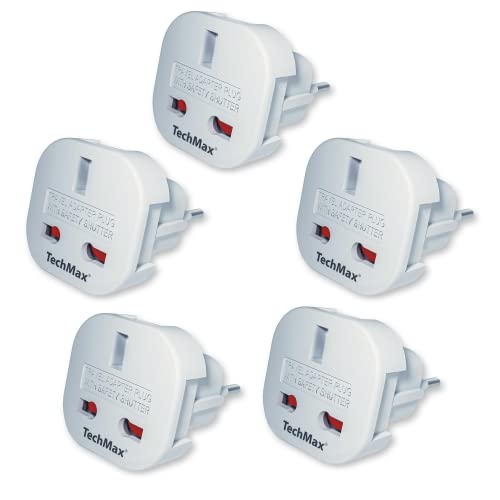 TechMax Pack of 5 UK to European Plug Adapter Type G to Type C E F for France Spain Turkey Italy Greece Portugal Germany Poland Asia - 3 Pin to 2 Pin Travel Adapter (White)