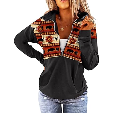 LEMAFER Women's 2025 Casual Aztec Cow Print Zipper Collar Pullover Sweatshirt Western Cowgirl Ethnic Style Hoodies Orange Aztec S Cover