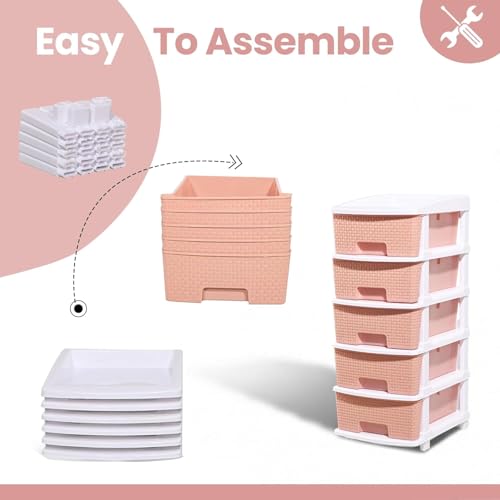 Image of Plastic Modular Drawer Storage Chest Of Drawers Organizer Storage Box, Large Stomo Racks For Multipurpose Anti-slip Shoes Organizers (Pink, 5 Layer)