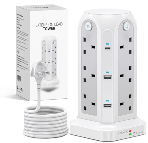 Wolf Power Tower Extension Lead with USB Slots 18-IN-1 Surge Protected Lead with 2M Extension Cable 12 UK Plug Sockets 2 USB-C & 4 USB-A Ports 4 Switches Ideal for Home Office & Workshop