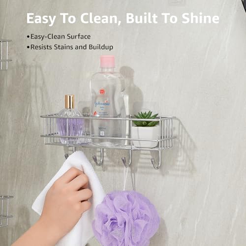 Image of Amazon Basics Self-Adhesive Wall Shelf - No-Drill Multipurpose Bathroom /Kitchen Organizer with Hooks and Towel Holder, Rust Proof GI Steel Organizer | Chrome, 28.2 x 9.8 x 11.5 cm, Pack of 3