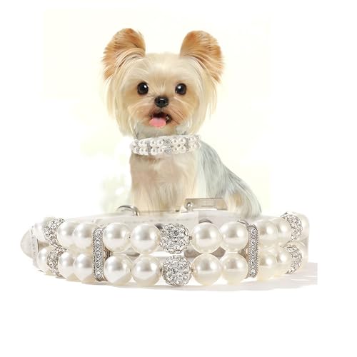 Pearl Dog Collar for Small Dogs Fancy Crystal Bling Cat Pearl Collar Rhinestone Luxury Beaded Puppy Necklace Diamond Girl Kitten Jewelry for XXS XS Small Medium Female Pet Dogs XXS