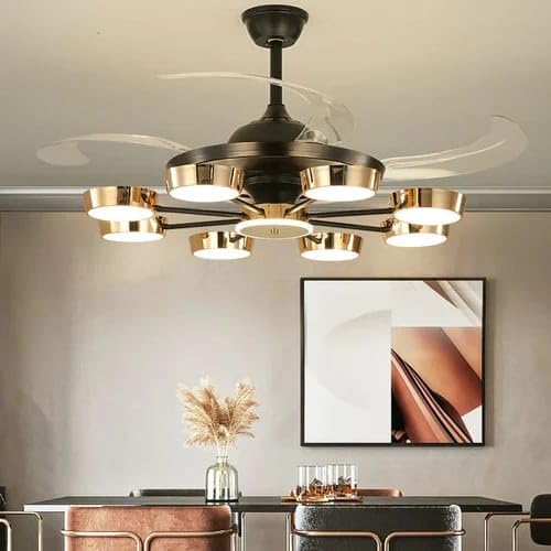 Image of Glowave 8 Light Glass Black Chandelier Fan 42 Inch Retractable Blades Remote Control - Tricolour | Warm White, White, Natural White | (FI 1183 Bk)