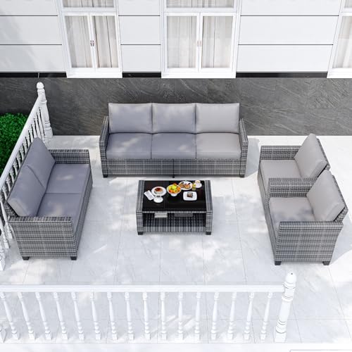 Image of GAOMON 5-Piece Outdoor Patio Furniture Sets, 7 Seat PE Rattan Furniture Sectional Sofa Set with Storage Table, Patio Conversation Sets with Water-Repellent Cushions for Backyard, Deck, Poolside