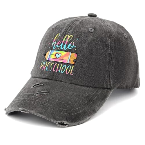 Made in US Hello Preschool Pencil Tie Dye First Day of School Kids Hats for Men Baseball Cap Low Washed Running Hat Light Weight2