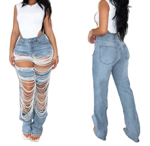Recious Womens Sexy Ripped Distressed Destroyed Rhinestones Pearls Chain Party Clubwear Denim Pants Jeans3