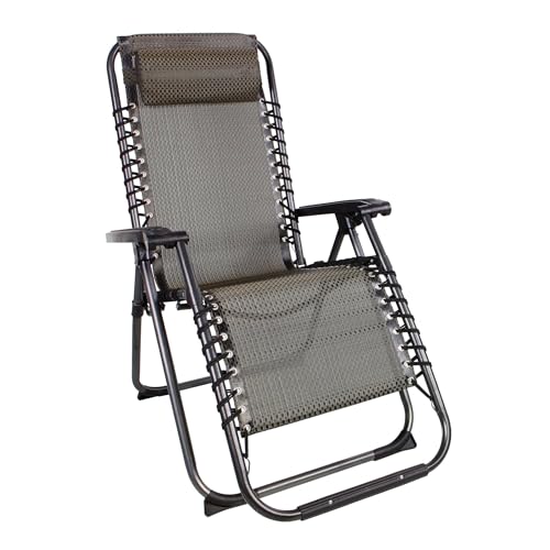 Spetebo Relaxsessel mit Kopfkissen aus Textil Gewebe 178 x 65 cm - grau-braun - Gartenstuhl mit Verstellbarer Rückenlehne und Fußteil - Sonnenliege Hochlehner Gartenliege Liegestuhl klappbar