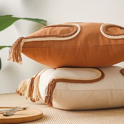 Jonhier Boho Throw Pillow Covers, Handmade Modern Farmhouse Decorative Orange Cushion Case With Tassels, Bohemain Neutral Accent Cotton Woven Pillow Case For Couch, Sofa Or Bed (18'' X 18'', Brown) #TOP4