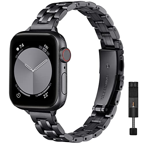Image of STIROLL Thin Replacement Band Compatible for Apple Watch 49mm 46mm 45mm 44mm 42mm(Series 3 2 1), Stainless Steel Metal Wristband Women Men for iWatch Ultra SE Series 11 10 9 8 7 6 5 4, Black