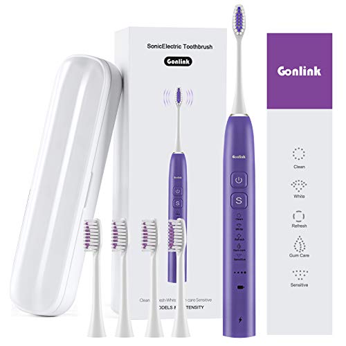 Gonlink Sonic Electric Toothbrushes for Adults Portable Travel Case 4 Replacement Brush Heads 5 Modes with Smart Timer, Waterproof Ultra Sonic Care Toothbrushes Electric Rechargeable, Purple
