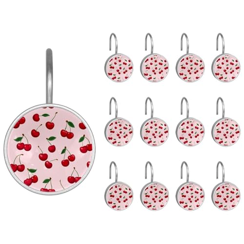 12pcs Glass Shower Curtain Hooks, Rust Resistant Decorative Shower Rings for Bathroom Living Room,Stainless Steel Hooks for Shower Curtain and Liner Rods (Pink Cherry Pattern)