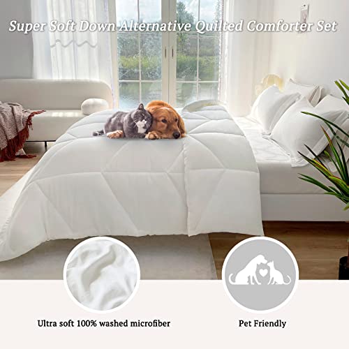 Mildly King Size Comforter Set - White Bedding Comforter Sets 100% Washed Microfiber Super Soft 3 Pcs, All Season Fluffy Lightweight Down Alternative Quilted Comforter 102X90 Inches, 2 Pillow Shams #TOP2