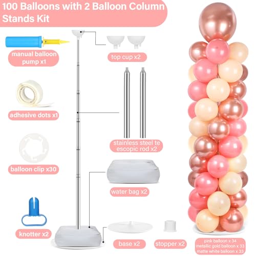 Image of 2 Sets Rose Gold Balloon Column Stand Kit with 100 Balloons Adjustable Balloon Tower Stand with Bases for Floor Balloons Column Kit for Wedding Graduation Birthday Appreciation Party Decor