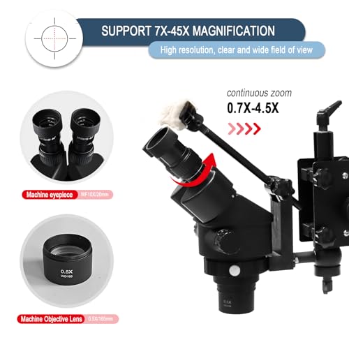 Image of Jewelry Microscope, 7X-45X Magnification with Multi-Directional Spring Stand, 56-LED Ring Light, 0.5X Barlow Lens, for Jewelry Engraving Setting Making
