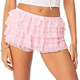 ABYOVRT Women Ruffle Shorts Lolita Bloomers Y2k Fairy Lace Layered Pumpkin Pants Sweet Cute Panties (A-Pink,L)