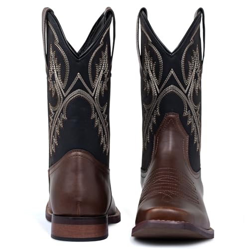 J's.o.l.e Men's Western Cowboy Boots Square Toe Boots for Men Mid Calf Country Boots Classic Embroidered with Pull On Tabs Brown2