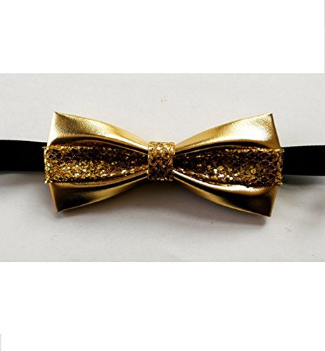 Hello Tie Men's Pure Color All Pu Bow Tie With Sequins Setting Luxurious Bowtie - Golden #TOP2