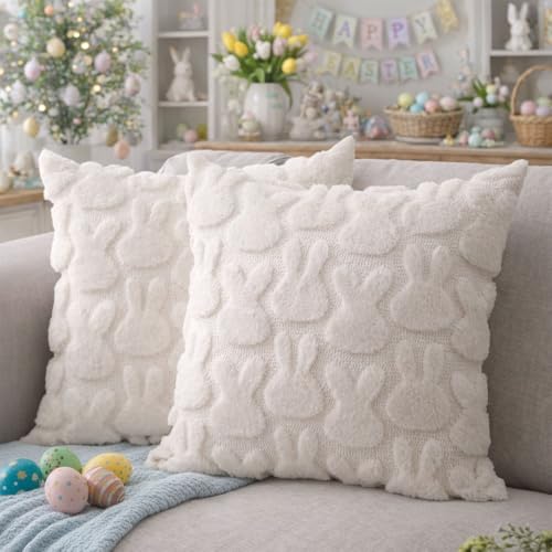 Muorruo Lot de 2 Housses de Coussin de Pâques, Décoration de Pâques, Motif Lapin, Peluche Douce, Fausse Fourrure, Coussin Décoratif Jacquard pour Chambre,...