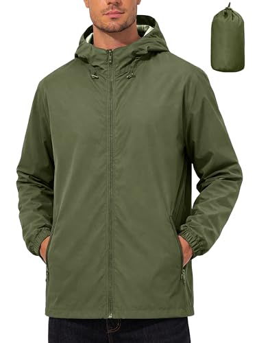 UIQUR Mens Rain Jacket Lightweight Windbreaker Waterproof Raincoat Cycling Running Hiking Gear Hood Packable Army Green M