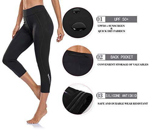 Binsterain Women's 3D Padded Cycling Pants Capris Breathable Bike Shorts 3/4 Tights Upf 50+ Zipper Pocket (Black, S) #TOP5