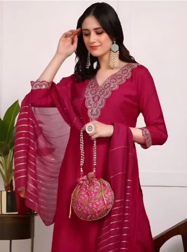 Image of Women's Viscose Rayon Embroidered Kurta Pant Set with Dupatta