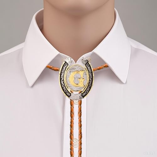 Image of Bolo tie for Men Western Cowboy Brown Leather Necktie Gold Initial Letter ABCDJMR to Z Bolo ties for Women