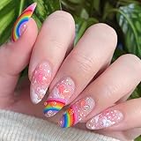 Pink Press on Nails Medium Almond Fake Nails Cute Rainbow Heart False Nails with Designs Glossy Acry
