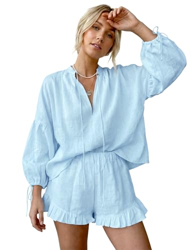 Image of Womens Ruffle Pajamas 2 Piece Cotton Linen Shorts Sets Long Sleeve Tie Front Vacation Outfits Matching