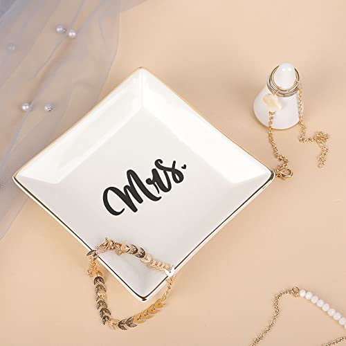 Jauvie Mrs Ring Dish, Ceramic Trinket Tray - Engagement Gifts For Women - Engagement Ring Holder - Bride Jewelry Dishes For Women - Wedding Jewelry Tray Gifts For Engaged Friend - Miss To Mrs Gift #TOP2