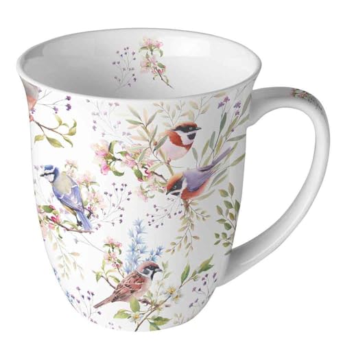Ambiente Bone China Tasse en porcelaine avec motif oiseaux, 400 ml, motif Busy Birds, 10 cm de diamètre, blanc avec fleurs et oiseaux