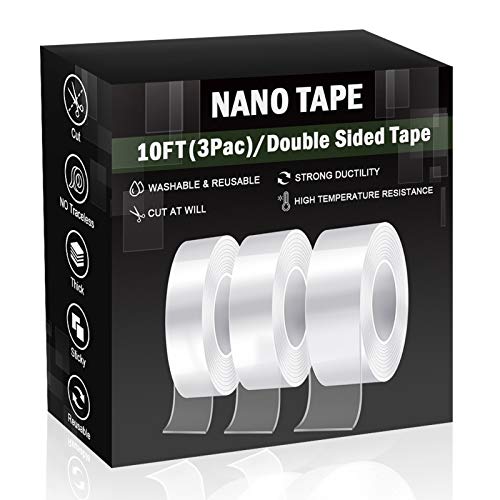 Nano Tape,Double Sided Tape(3 Rolls 10FT) Mounting Tape for Walls Heavy Duty,Multipurpose Transparent Adhesive Tape,Washable and Reusable Hanging Tape for Walls,for Home Office Outdoor Decor.