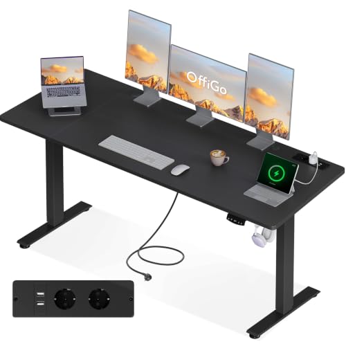 OffiGo Höhenverstellbarer Schreibtisch 200x80cm Elektrischer Schreibtisch mit Steckdosen und USB Ladeanschluss Tisch Höhenverstellbar mit 2 Memory Funktion Computertisch für Büro Zuhause Schwarz