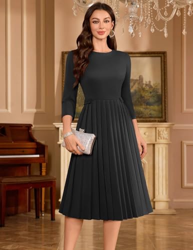 DRESSTELLS Women's Cocktail Dresses, Formal Wedding Guest Church Vintage Tea Party 3/4 Sleeve Pleated Dress2