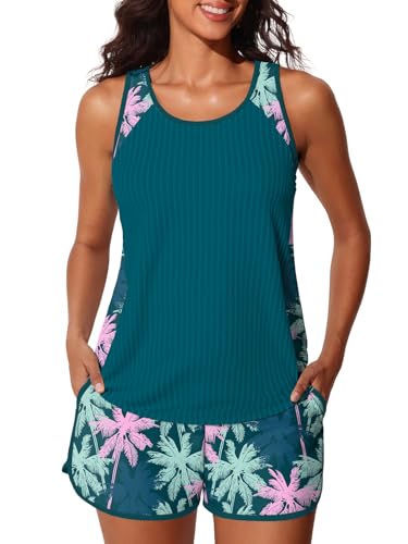 Tankini modeste texturé côtelé à imprimé palmiers roses et bleus