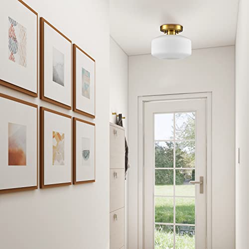 Jeenkae Modern Farmhouse Semi Flush Mount Ceiling Light Gold Hallway Light Fixture Ceiling Hung Opal Milk Glass Shade #TOP3