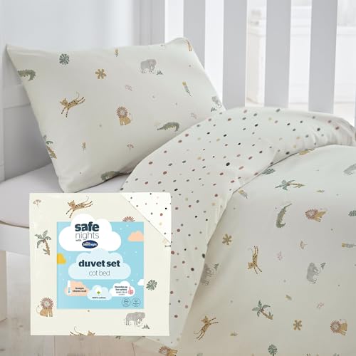 Silentnight Safe Nights Cot Bed Duvet Set - Breathable 100% Cotton Jersey - Super Soft Kind to Skin - Duvet Cover & Pillowcase for Toodler Child Junior Quilt - 150x120cm - Hypoallergenic Safari
