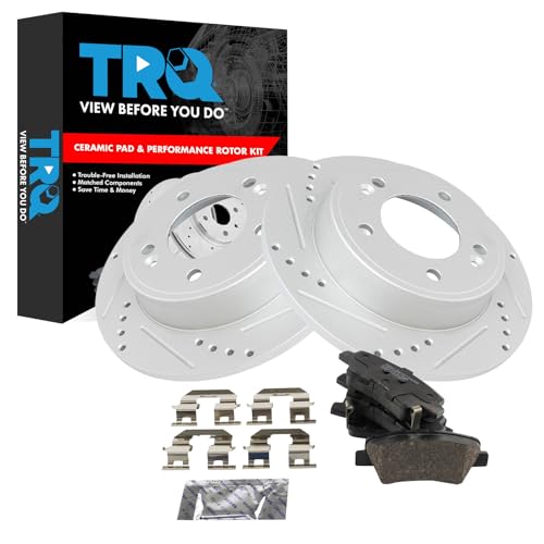 Image of TRQ Performance Rear Brake Pad and Rotor Set Ceramic G Coated Drilled Slotted Rotors Compatible with 2016-2017 Hyundai Veloster 2017-2020 Elantra GT 2017-2018 Kia Forte Forte5 2017-2019 Soul